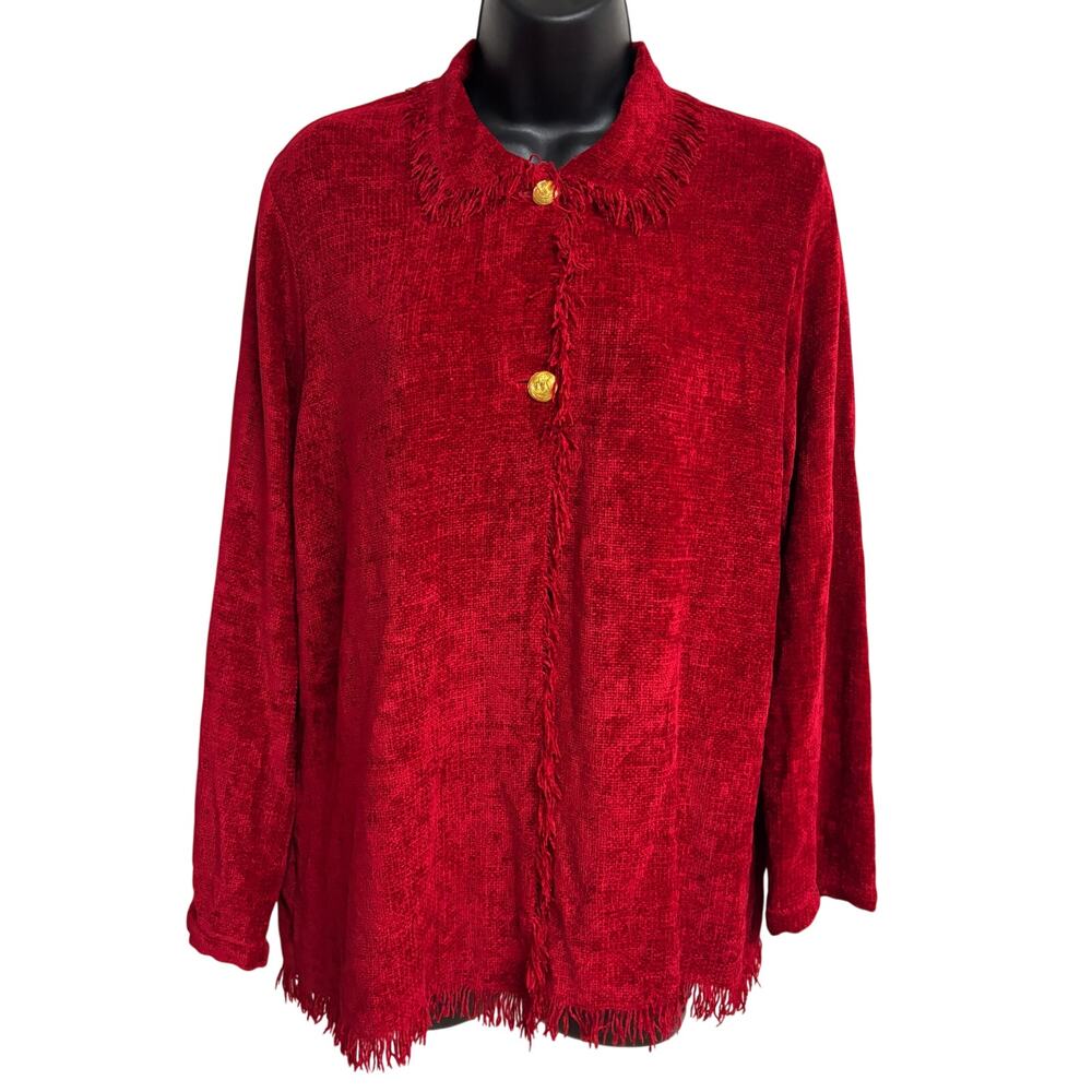 Carole Little Red Chenille Fringe Cardigan Sweater Jacket Women’s Small